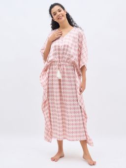 Clovia - Pink Satin Printed Long Kaftan