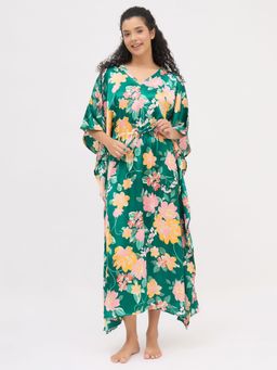 Clovia - Green Satin Printed Long Kaftan