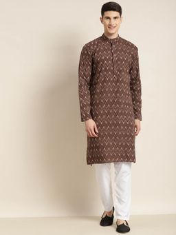SOJANYA - Men Cotton Brown & Cream Printed Kurta with White Churidar Pyjama (Set of 2)
