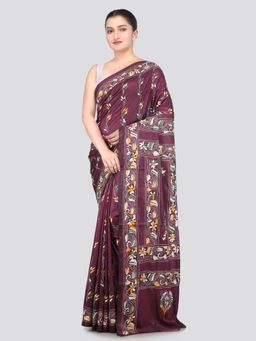 PinkLoom - Burgundy Handloom Silk Embroidered Saree with Unstitched Blouse