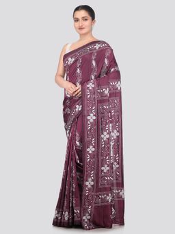 PinkLoom - Wine Handloom Silk Embroidered Saree with Unstitched Blouse