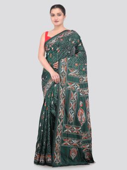 PinkLoom - Green Handloom Silk Embroidered Saree with Unstitched Blouse