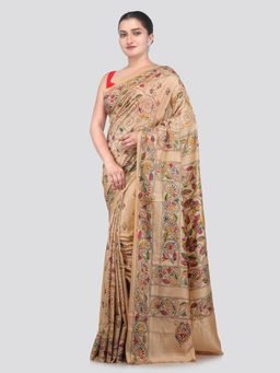 PinkLoom - Beige Handloom Silk Embroidered Saree with Unstitched Blouse