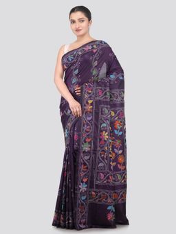 PinkLoom - Purple Handloom Silk Embroidered Saree with Unstitched Blouse