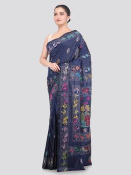 PinkLoom - Navy Blue Handloom Silk Embroidered Saree with Unstitched Blouse