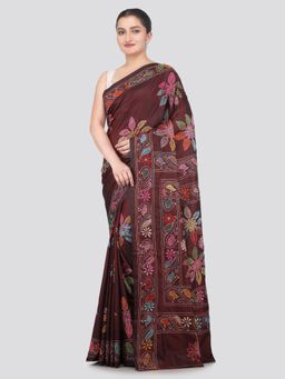 PinkLoom - Brown Handloom Silk Embroidered Saree with Unstitched Blouse