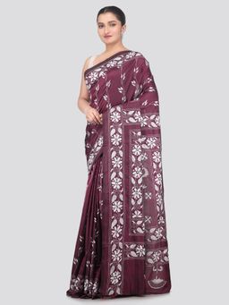 PinkLoom - Wine Handloom Silk Embroidered Saree with Unstitched Blouse