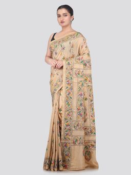 PinkLoom - Beige Handloom Silk Embroidered Saree with Unstitched Blouse