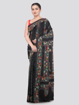 PinkLoom - Black Handloom Silk Embroidered Saree with Unstitched Blouse