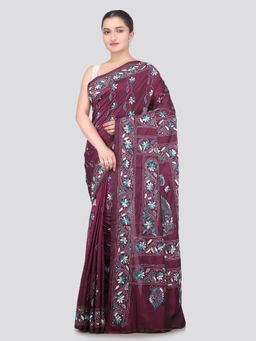 PinkLoom - Wine Handloom Silk Embroidered Saree with Unstitched Blouse