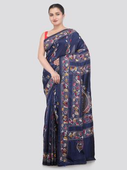 PinkLoom - Navy Blue Handloom Silk Embroidered Saree with Unstitched Blouse