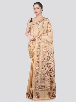 PinkLoom - Beige Handloom Silk Embroidered Saree with Unstitched Blouse
