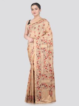 PinkLoom - Beige Handloom Silk Embroidered Saree with Unstitched Blouse