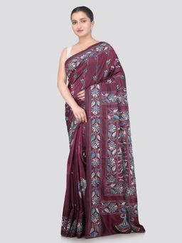 PinkLoom - Wine Handloom Silk Embroidered Saree with Unstitched Blouse