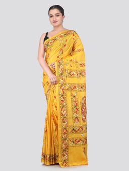 PinkLoom - Yellow Handloom Silk Embroidered Saree with Unstitched Blouse