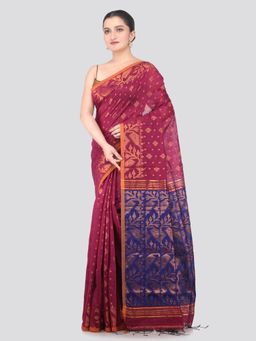 PinkLoom - Maroon Handloom Cotton Blend Saree with Unstitched Blouse