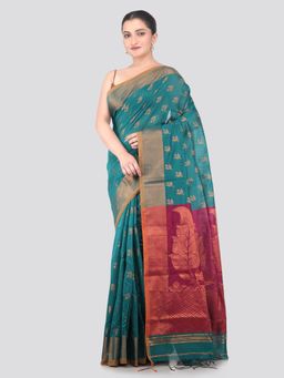PinkLoom - Blue Handloom Cotton Blend Saree with Unstitched Blouse