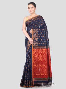 PinkLoom - Navy Blue Handloom Cotton Blend Saree with Unstitched Blouse