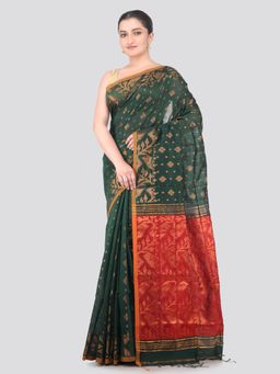 PinkLoom - Green Handloom Cotton Blend Saree with Unstitched Blouse