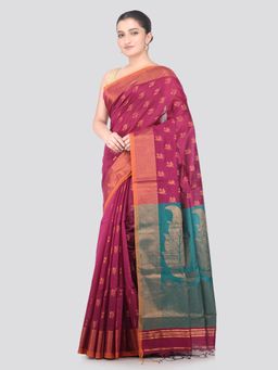 PinkLoom - Maroon Handloom Cotton Blend Saree with Unstitched Blouse