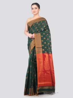 PinkLoom - Green Handloom Cotton Blend Saree with Unstitched Blouse