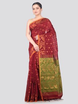 PinkLoom - Maroon Handloom Cotton Blend Saree with Unstitched Blouse