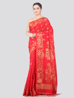 PinkLoom - Red Handloom Cotton Blend Saree with Unstitched Blouse