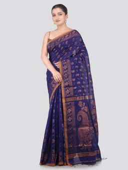 PinkLoom - Navy Blue Handloom Cotton Blend Saree with Unstitched Blouse