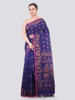 PinkLoom - Navy Blue Handloom Cotton Blend Saree with Unstitched Blouse
