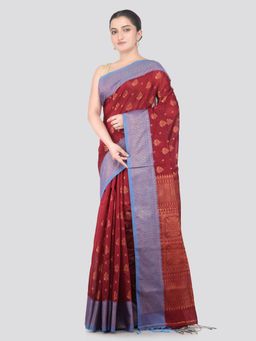PinkLoom - Maroon Handloom Cotton Blend Saree with Unstitched Blouse