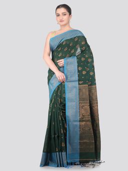 PinkLoom - Green Handloom Cotton Blend Saree with Unstitched Blouse