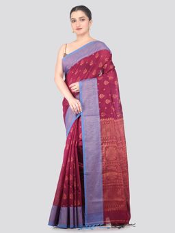 PinkLoom - Maroon Handloom Cotton Blend Saree with Unstitched Blouse