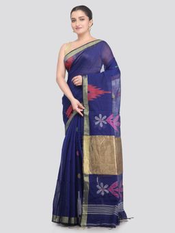 PinkLoom - Blue Handloom Cotton Blend Saree with Unstitched