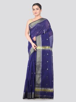 PinkLoom - Navy Blue Handloom Cotton Blend Saree with Unstitched Blouse