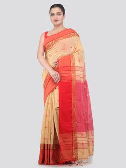PinkLoom - Beige Handloom Cotton Blend Saree with Unstitched Blouse