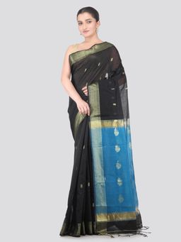 PinkLoom - Black Handloom Cotton Blend Saree with Unstitched Blouse