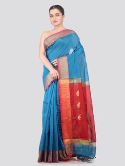 PinkLoom - Turquoise Handloom Cotton Blend Saree with Unstitched Blouse