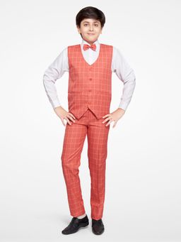 Jeetethnics - Boys Peach Checked Waistcoat With Shirt & Trousers (Set of 4)