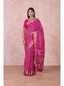 KISHORI - Womens Bandhani and Banarasi Saree and Blouse Fabric-Pink