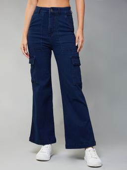 DOLCE CRUDO - Womens Navy Blue Wide Leg High Rise Denim Cargo Jeans