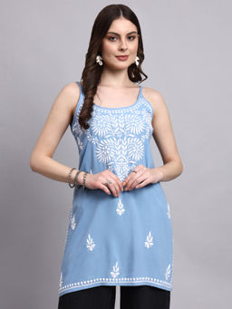 The Chikan Label - Powder Blue Arika Rayon Chikankari Short Kurti