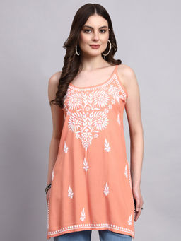 The Chikan Label - Peach Arika Rayon Chikankari Short Kurti