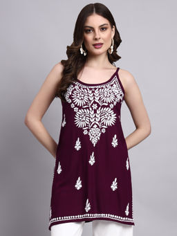 The Chikan Label - Wine Arika Rayon Chikankari Short Kurti