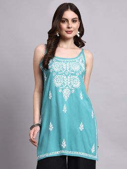 The Chikan Label - Aqua Arika Rayon Chikankari Short Kurti