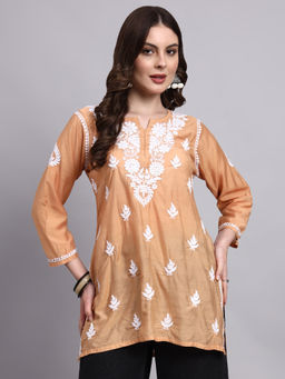 The Chikan Label - Beige Jisha Chanderi Chikankari Short Kurti