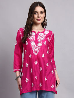 The Chikan Label - Hot Pink Jisha Chanderi Chikankari Short Kurti