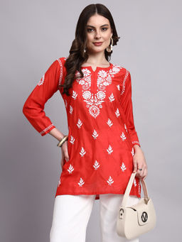 The Chikan Label - Red Jisha Chanderi Chikankari Short Kurti