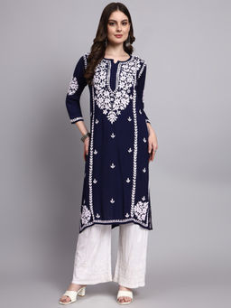 The Chikan Label - Navy Blue Misha Rayon Chikankari Straight Kurta