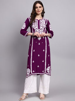The Chikan Label - Purple Misha Rayon Chikankari Straight Kurta