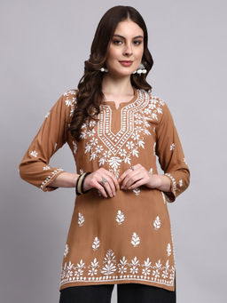 The Chikan Label - Brown Siara Rayon Chikankari Short Kurti